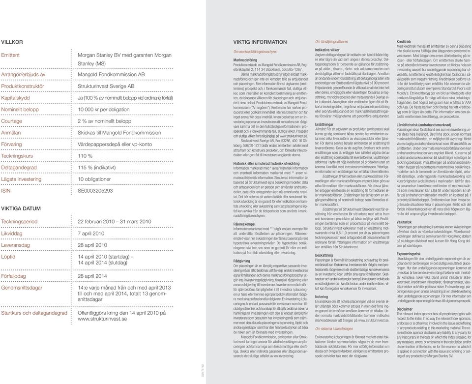 Skickas till Mangold Fondkommission Värdepappersdepå eller vp-konto 115 % (indikativt) 10 obligationer SE0003205293 Teckningsperiod 22 februari 2010 31 mars 2010 Likviddag 7 april 2010 Leveransdag 28
