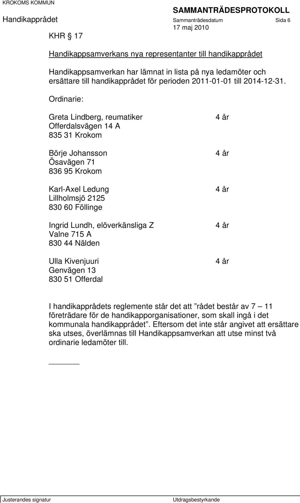 Ordinarie: Greta Lindberg, reumatiker Offerdalsvägen 14 A 835 31 Krokom Börje Johansson Ösavägen 71 836 95 Krokom Karl-Axel Ledung Lillholmsjö 2125 830 60 Föllinge Ingrid Lundh, elöverkänsliga Z