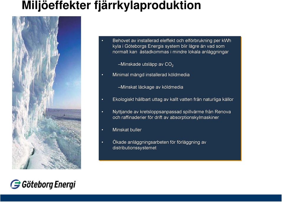 läckage av köldmedia Ekologiskt hållbart uttag av kallt vatten från naturliga källor Nyttjande av kretsloppsanpassad spillvärme från