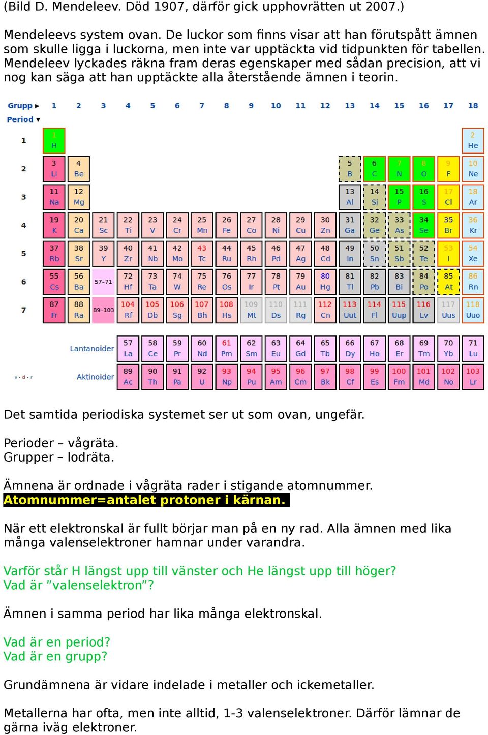 Mendeleev lyckades räkna fram deras egenskaper med sådan precision, att vi nog kan säga att han upptäckte alla återstående ämnen i teorin. Det samtida periodiska systemet ser ut som ovan, ungefär.