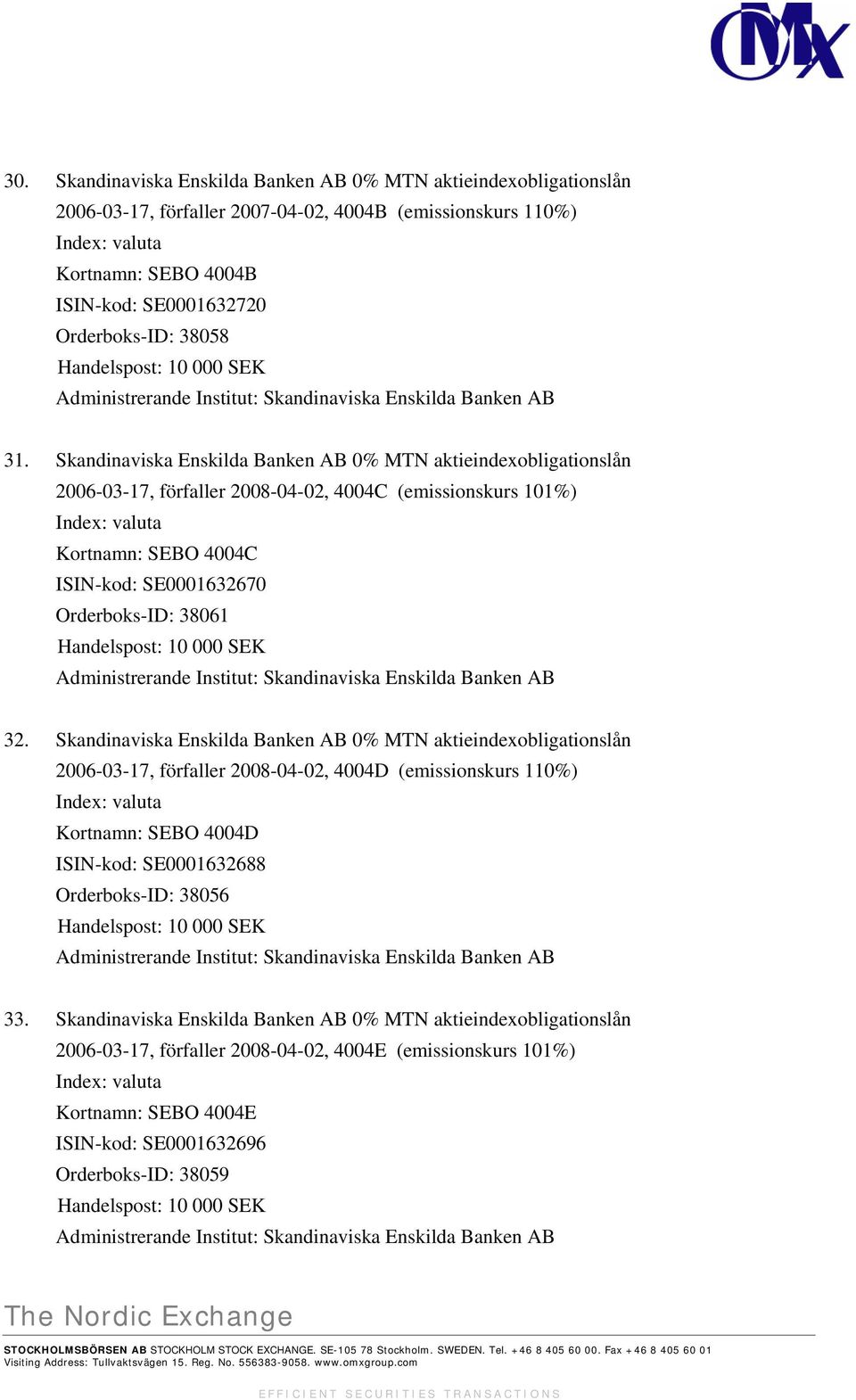 Skandinaviska Enskilda Banken AB 0% MTN aktieindexobligationslån 2006-03-17, förfaller 2008-04-02, 4004C (emissionskurs 101%) Index: valuta Kortnamn: SEBO 4004C ISIN-kod: SE0001632670 Orderboks-ID:
