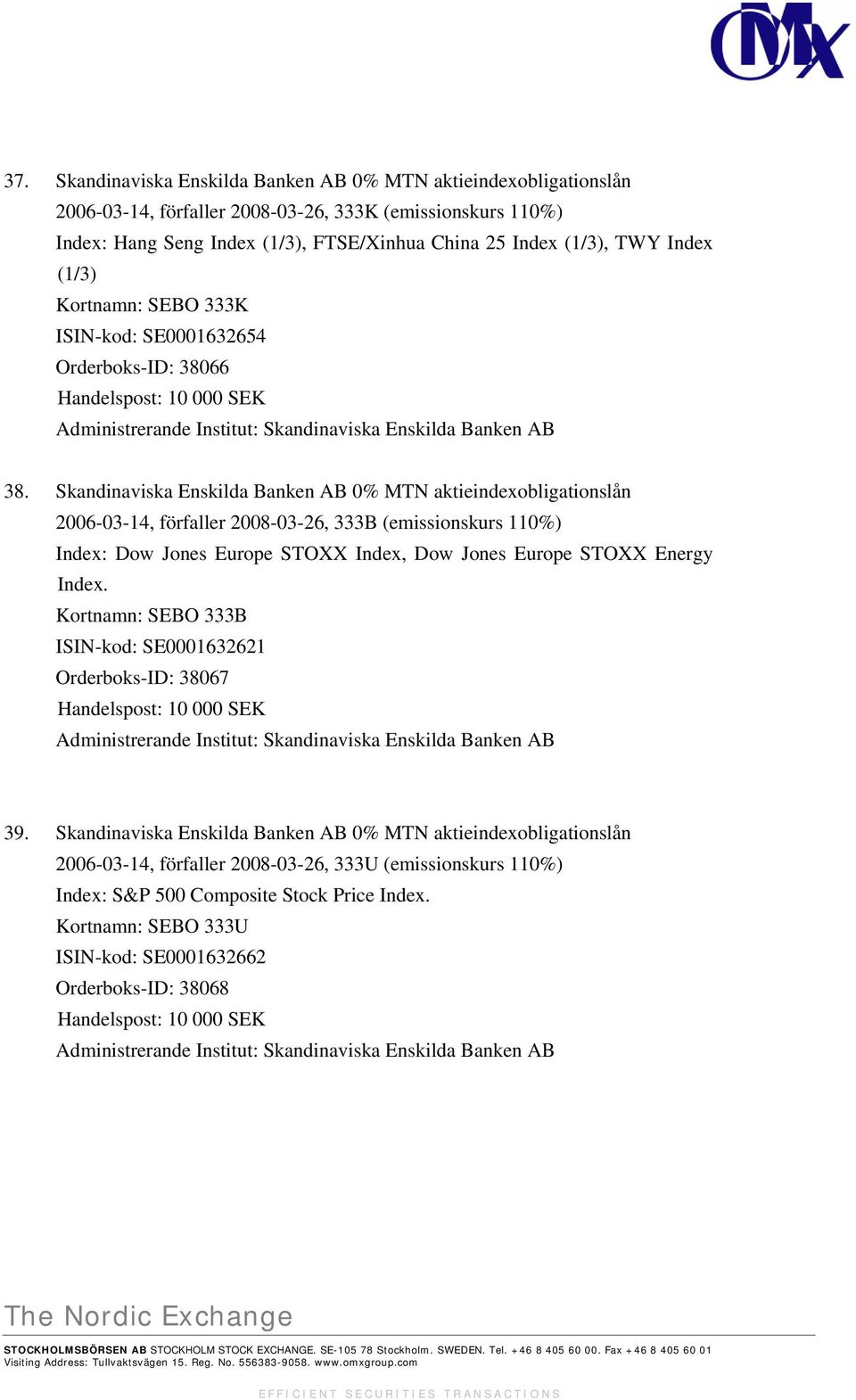 Skandinaviska Enskilda Banken AB 0% MTN aktieindexobligationslån 2006-03-14, förfaller 2008-03-26, 333B (emissionskurs 110%) Index: Dow Jones Europe STOXX Index, Dow Jones Europe STOXX Energy