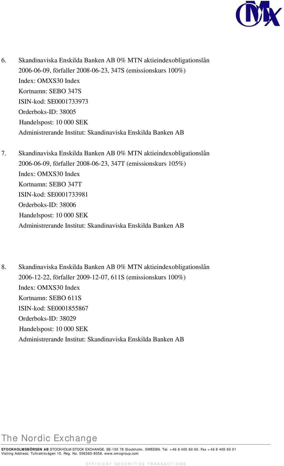 Skandinaviska Enskilda Banken AB 0% MTN aktieindexobligationslån 2006-06-09, förfaller 2008-06-23, 347T (emissionskurs 105%) Index: OMXS30 Index Kortnamn: