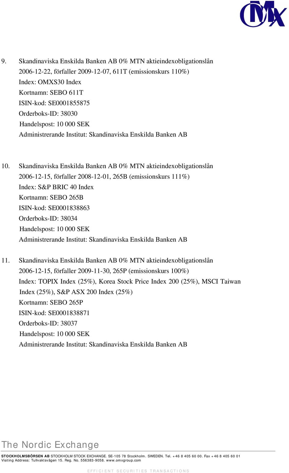 Skandinaviska Enskilda Banken AB 0% MTN aktieindexobligationslån 2006-12-15, förfaller 2008-12-01, 265B (emissionskurs 111%) Index: S&P BRIC 40 Index Kortnamn: SEBO 265B ISIN-kod: