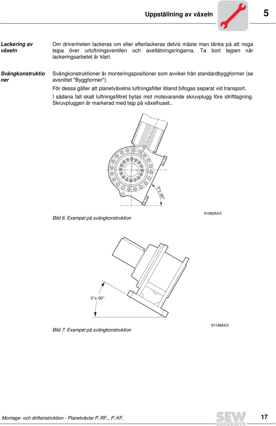 För dessa gäller att planetväxelns luftningsfilter ibland bifogas separat vid transport. I sådana fall skall luftningsfiltret bytas mot motsvarande skruvplugg före idrifttagning.