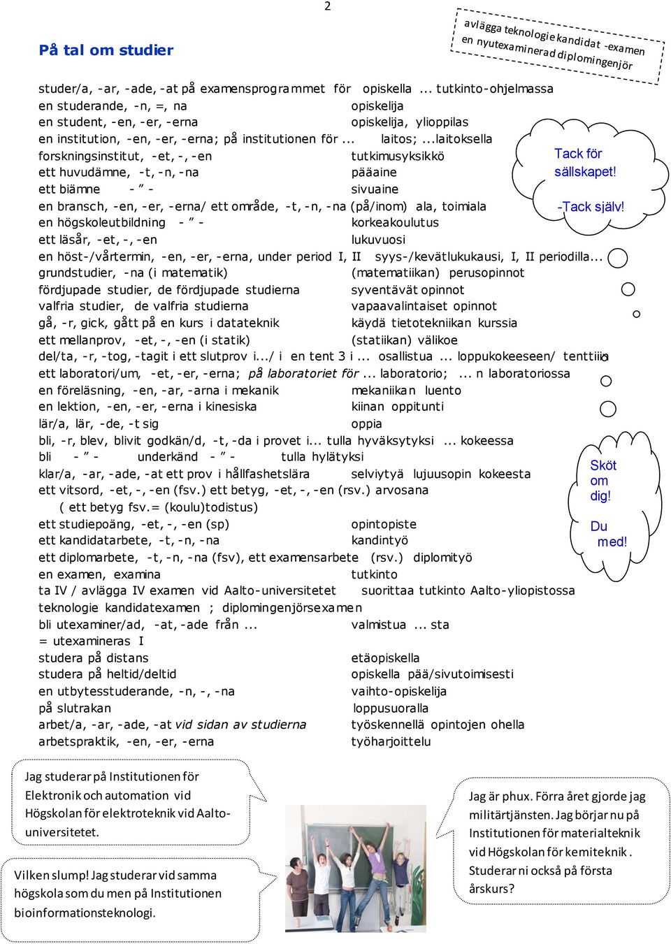 .. forskningsinstitut, -et, -, -en ett huvudämne, -t, -n, -na opiskelija opiskelija, ylioppilas laitos;.