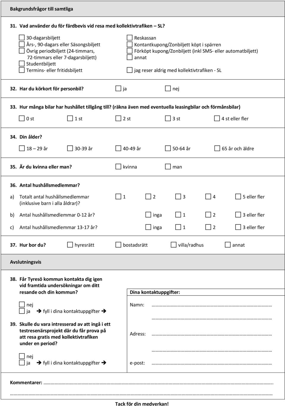 Kontantkupong/Zonbiljett köpt i spärren Förköpt kupong/zonbiljett (inkl SMS- eller automatbiljett) annat jag reser aldrig med kollektivtrafiken - SL 32. Har du körkort för personbil? ja nej 33.