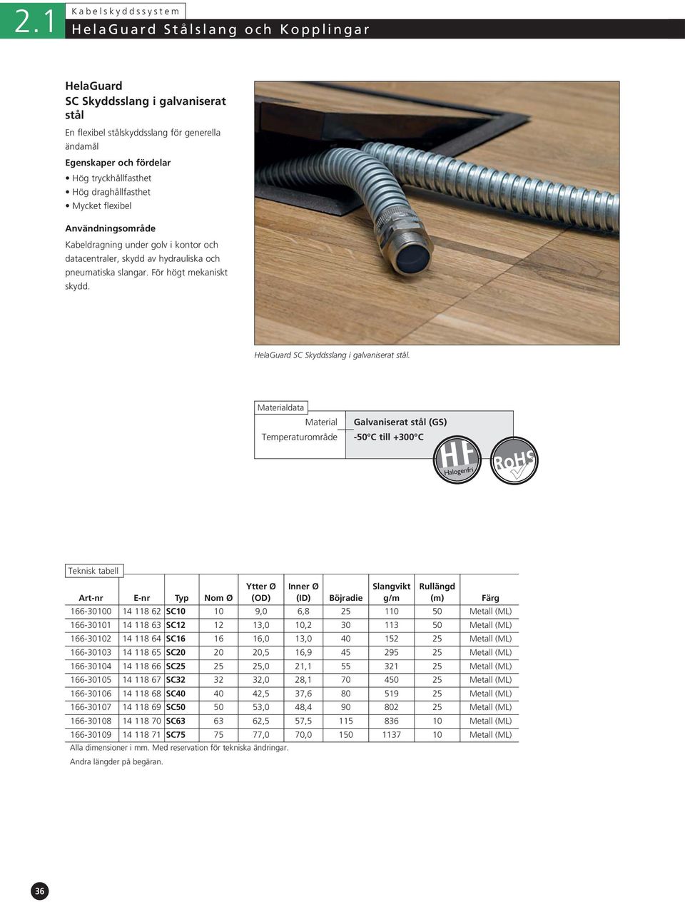 Galvaniserat stål (GS) -50 C till +300 C Art-nr E-nr Typ Nom Ø Ytter Ø (OD) Inner Ø (ID) Böjradie Slangvikt g/m Rullängd (m) 166-30100 14 118 62 SC10 10 9,0 6,8 25 110 50 166-30101 14 118 63 SC12 12