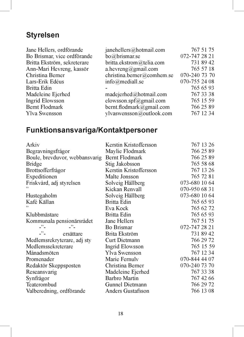 se 070-755 24 08 Britta Edin - 765 65 93 Madeleine Ejerhed madejerhed@hotmail.com 767 33 38 Ingrid Elowsson elowsson.spf@gmail.com 765 15 59 Bernt Flodmark bernt.flodmark@gmail.