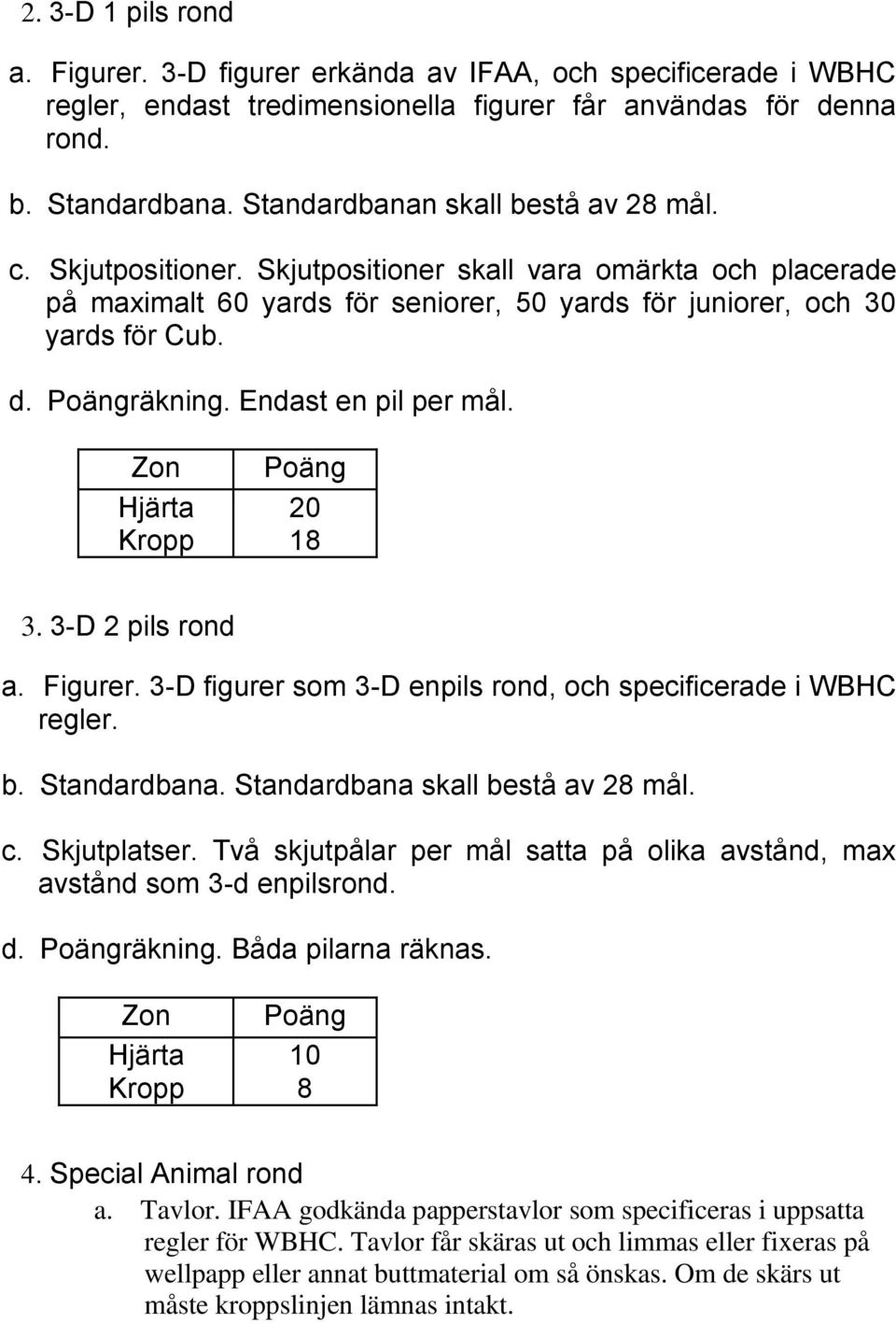 Poängräkning. Endast en pil per mål. Zon Hjärta Kropp Poäng 20 18 3. 3-D 2 pils rond a. Figurer. 3-D figurer som 3-D enpils rond, och specificerade i WBHC regler. b. Standardbana.