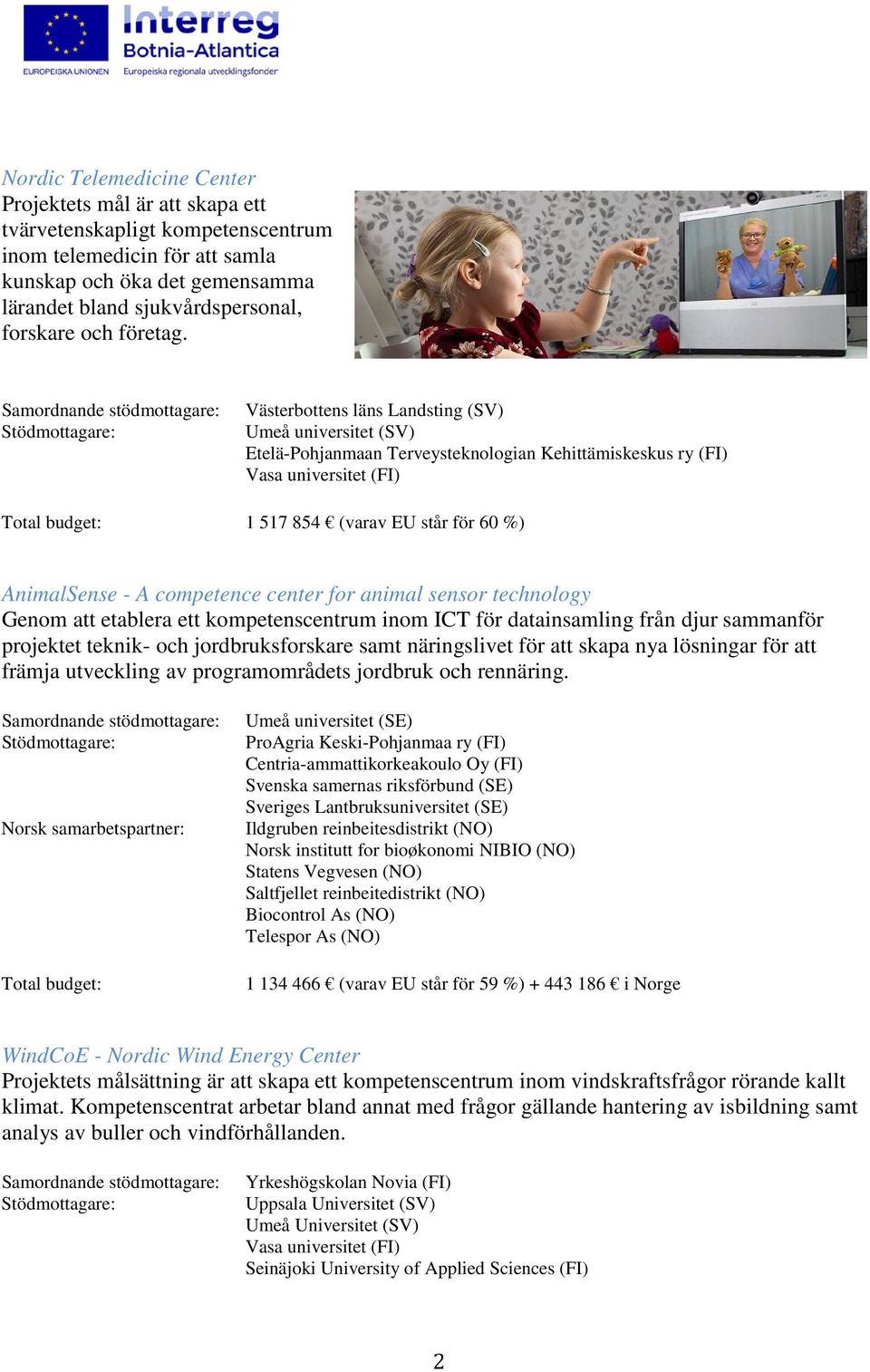 Västerbottens läns Landsting (SV) Umeå universitet (SV) Etelä-Pohjanmaan Terveysteknologian Kehittämiskeskus ry (FI) Vasa universitet (FI) 1 517 854 (varav EU står för 60 %) AnimalSense - A