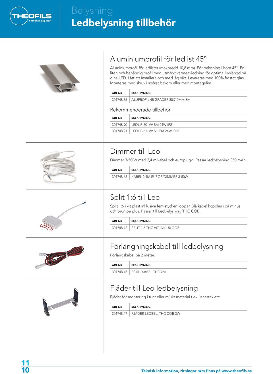 Monteras med skruv i spåret bakom eller med montagelim. 301748.36 ALUPROFIL 45 GRADER 30X10MM 3M 301748.90 LEDL.P-601VV 5M 24W IP21 301748.91 LEDL.P-6VV SIL.
