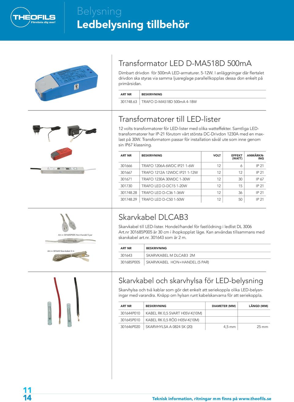 63 TRAFO D-MA518D 500mA 4-18W Transformatorer till LED-lister 12 volts transformatorer för LED-lister med olika watteffekter.