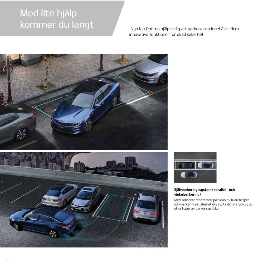 Självparkeringssystem (parallell- och vinkelparkering) Med sensorer monterade på