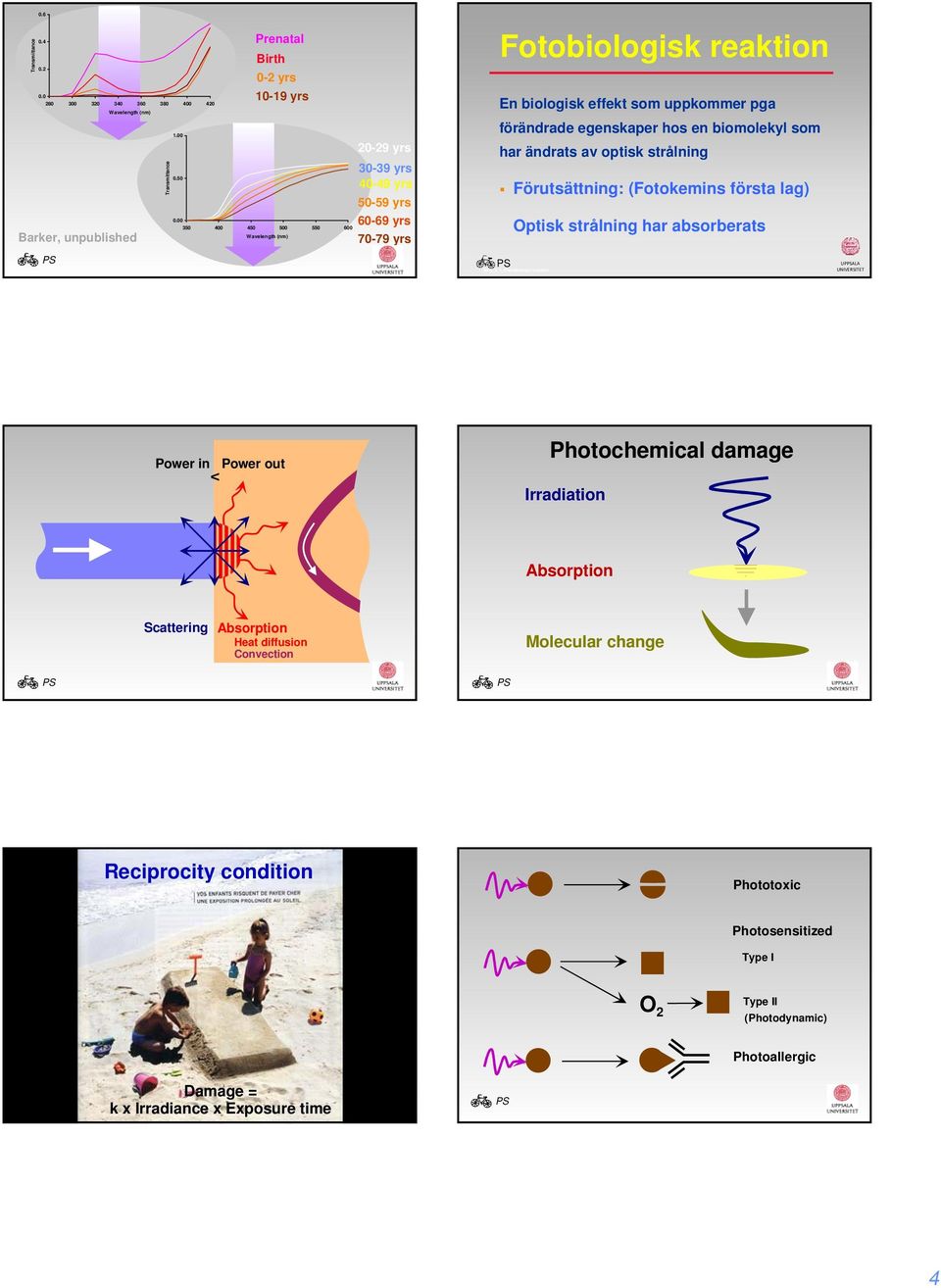 hos en biomolekyl som har ändrats av optisk strålning Förutsättning: (Fotokemins första lag) Optisk strålning har absorberats BPB_2 Photobiologic reaction UPALA BPB_2_2_Tissue interaction Power in