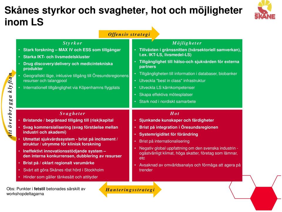 tillgänglighet via Köpenhamns flygplats Svagheter Bristande / begränsad tillgång till (risk)kapital Svag kommersialisering (svag förståelse mellan industri och akademi) Utmattat sjukvårdssystem -