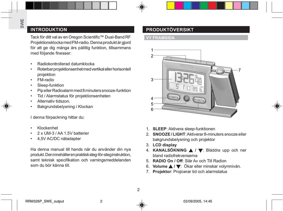 eller horisontell projektion FM-radio Sleep-funktion Pip eller Radioalarm med 8 minuters snooze-funktion Tid / Alarmstatus för projektionsenheten Alternativ tidszon.