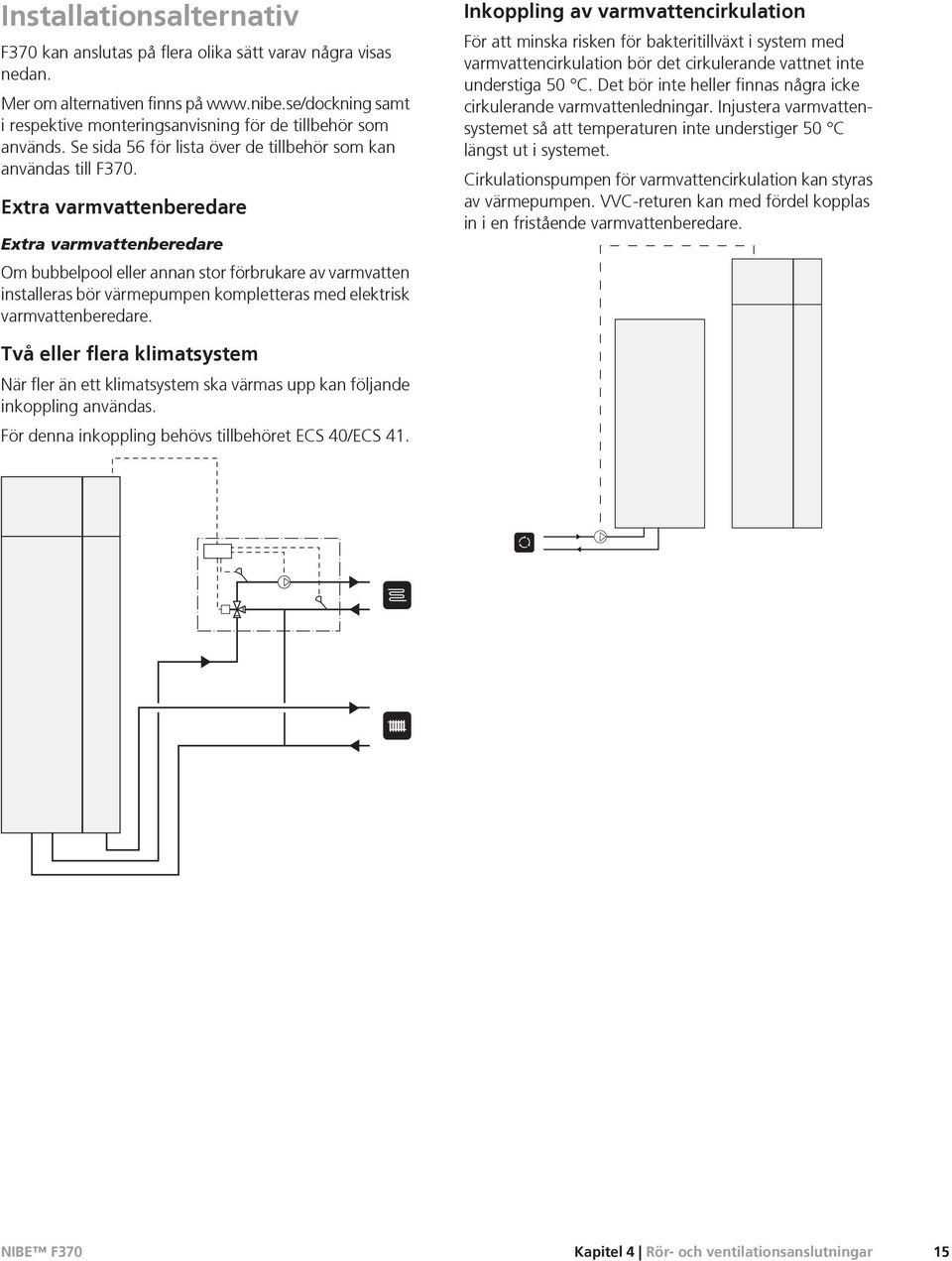 Extra varmvattenberedare Extra varmvattenberedare Om bubbelpool eller annan stor förbrukare av varmvatten installeras bör värmepumpen kompletteras med elektrisk varmvattenberedare.