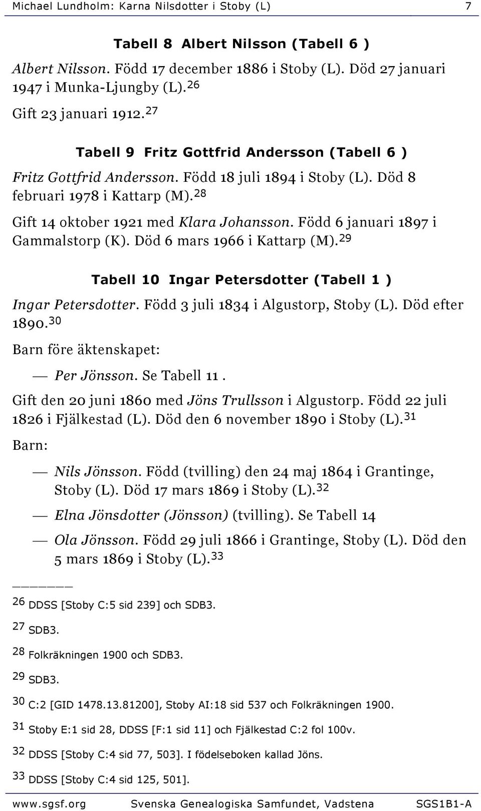 28 Gift 14 oktober 1921 med Klara Johansson. Född 6 januari 1897 i Gammalstorp (K). Död 6 mars 1966 i Kattarp (M). 29 Tabell 10 Ingar Petersdotter (Tabell 1 ) Ingar Petersdotter.