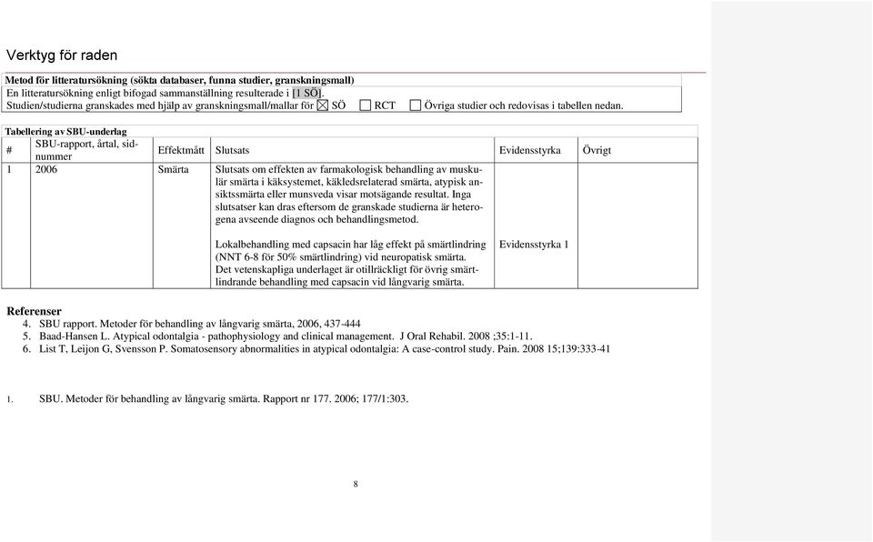 Tabellering av SBU-underlag # SBU-rapport, årtal, sidnummer Effektmått Slutsats Evidensstyrka Övrigt 1 2006 Smärta Slutsats om effekten av farmakologisk behandling av muskulär smärta i käksystemet,