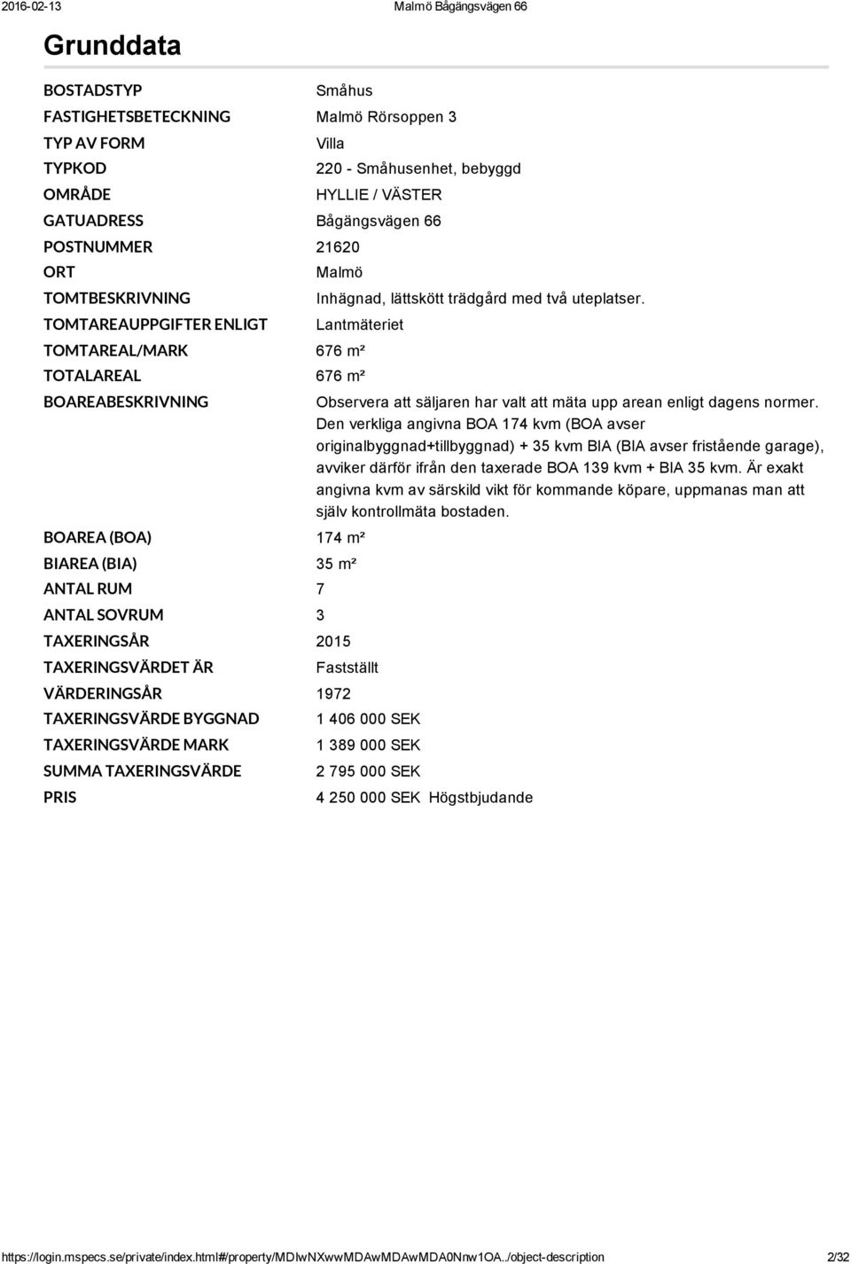 Lantmäteriet TOMTAREAL/MARK 676 m² TOTALAREAL 676 m² BOAREABESKRIVNING BOAREA (BOA) 174 m² BIAREA (BIA) 35 m² ANTAL RUM 7 ANTAL SOVRUM 3 TAXERINGSÅR 2015 TAXERINGSVÄRDET ÄR Observera att säljaren har