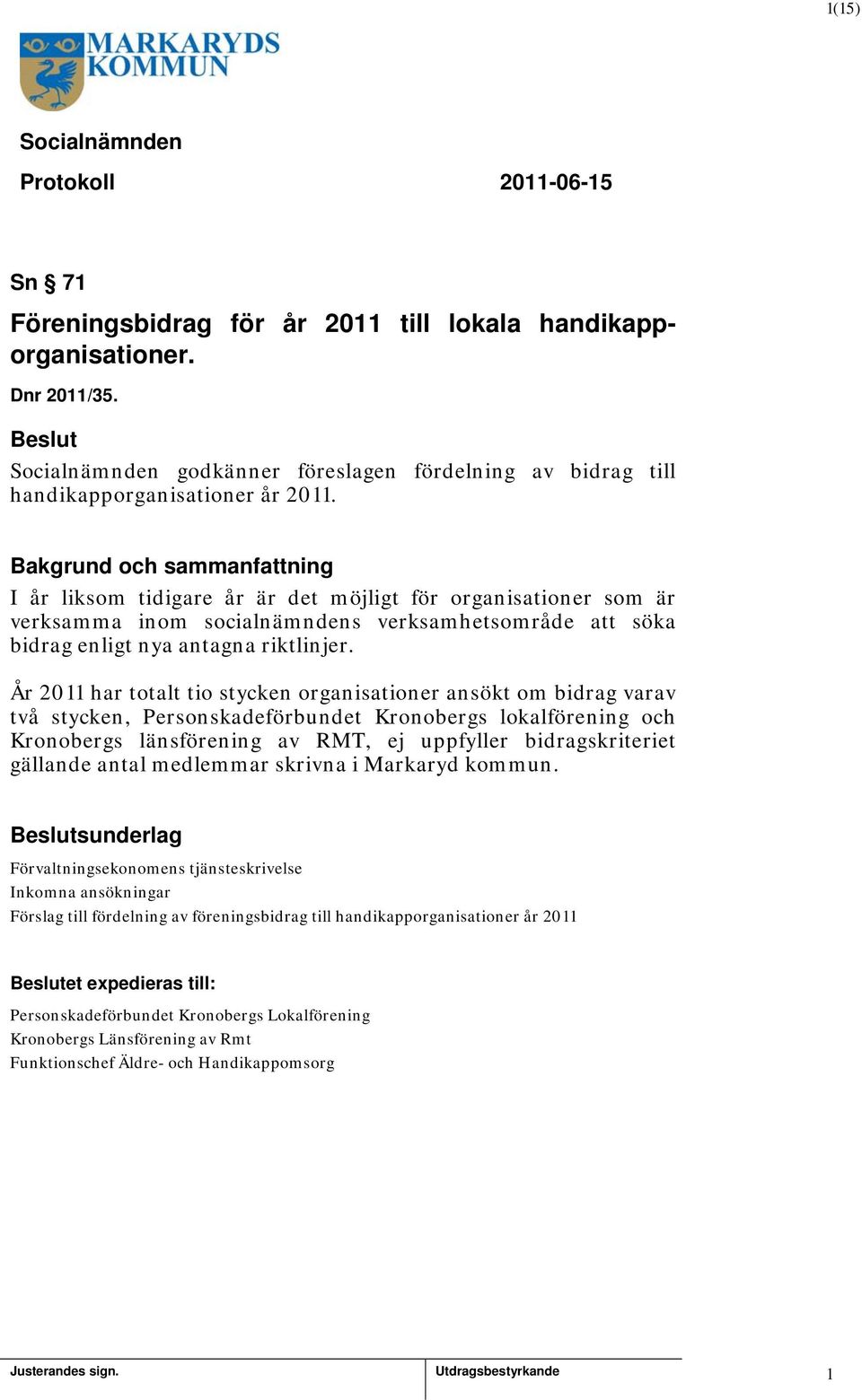 År 20 har totalt tio stycken organisationer ansökt om bidrag varav två stycken, Personskadeförbundet Kronobergs lokalförening och Kronobergs länsförening av RMT, ej uppfyller bidragskriteriet