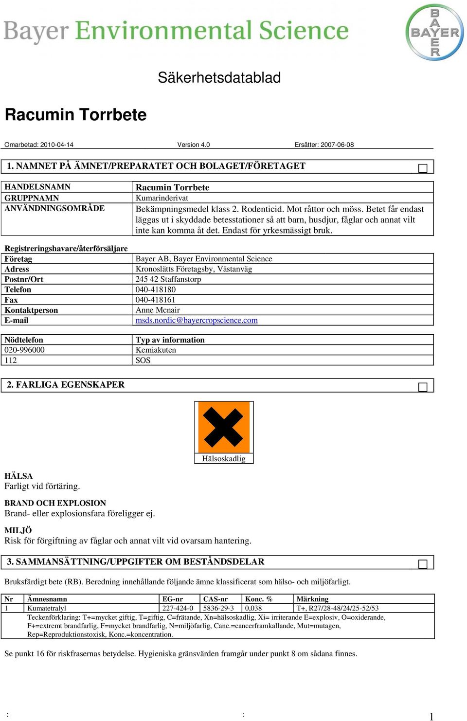 Registreringshavare/återförsäljare Företag Bayer AB, Bayer Environmental Science Adress Kronoslätts Företagsby, Västanväg Postnr/Ort 245 42 Staffanstorp Telefon 040-418180 Fax 040-418161