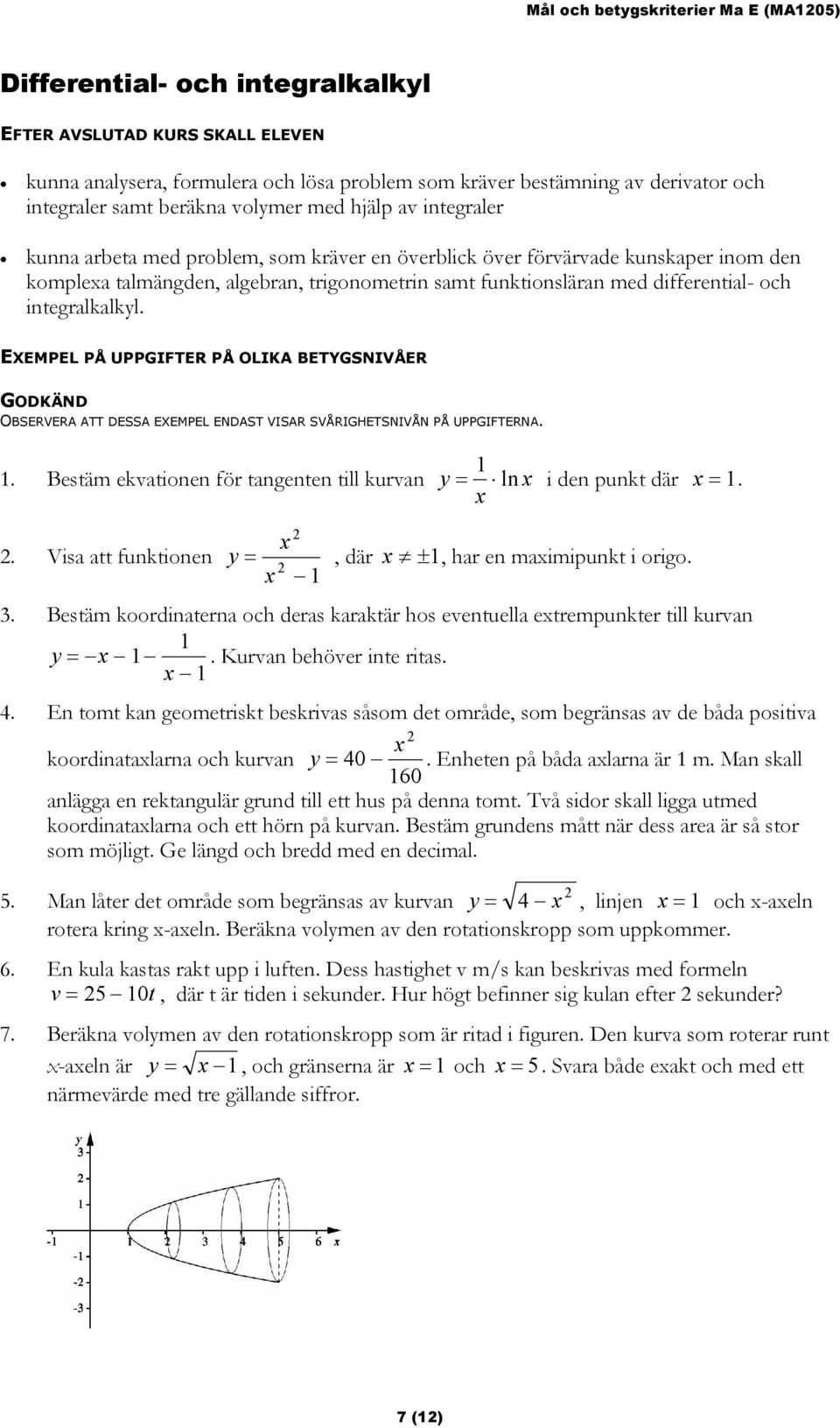 samt funktionsläran med differential- och integralkalkyl. EXEMPEL PÅ UPPGIFTER PÅ OLIKA BETYGSNIVÅER GODKÄND 1. Bestäm ekvationen för tangenten till kurvan y = 1 ln i den punkt där = 1.