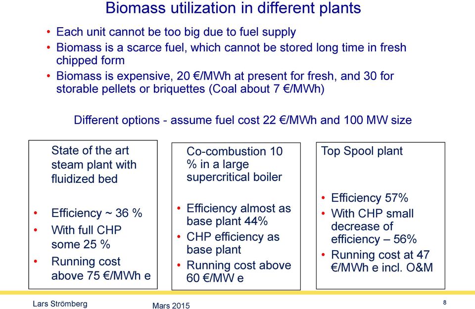 steam plant with fluidized bed Efficiency ~ 36 % With full CHP some 25 % Running cost above 75 /MWh e Co-combustion 10 % in a large supercritical boiler Efficiency almost as base