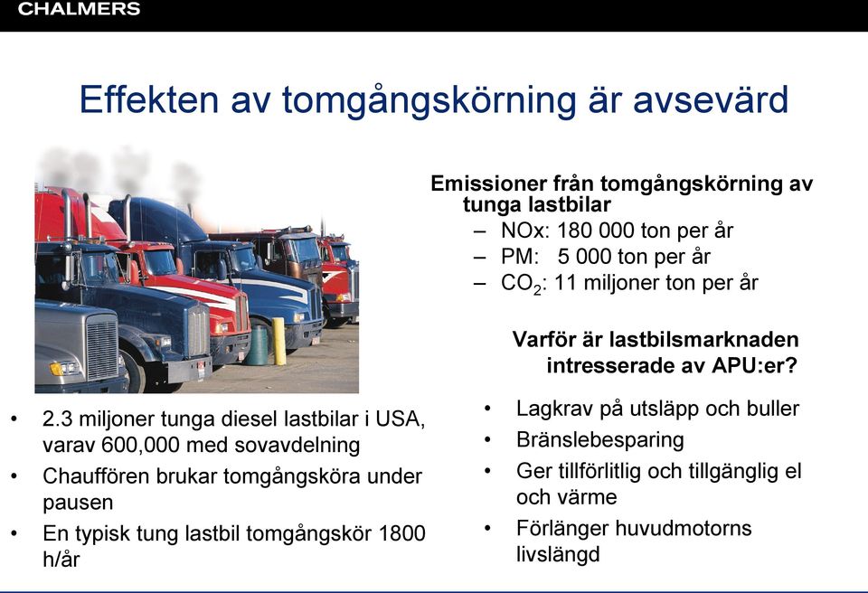 : 11 miljoner ton per år Varför är lastbilsmarknaden intresserade av APU:er? 2.
