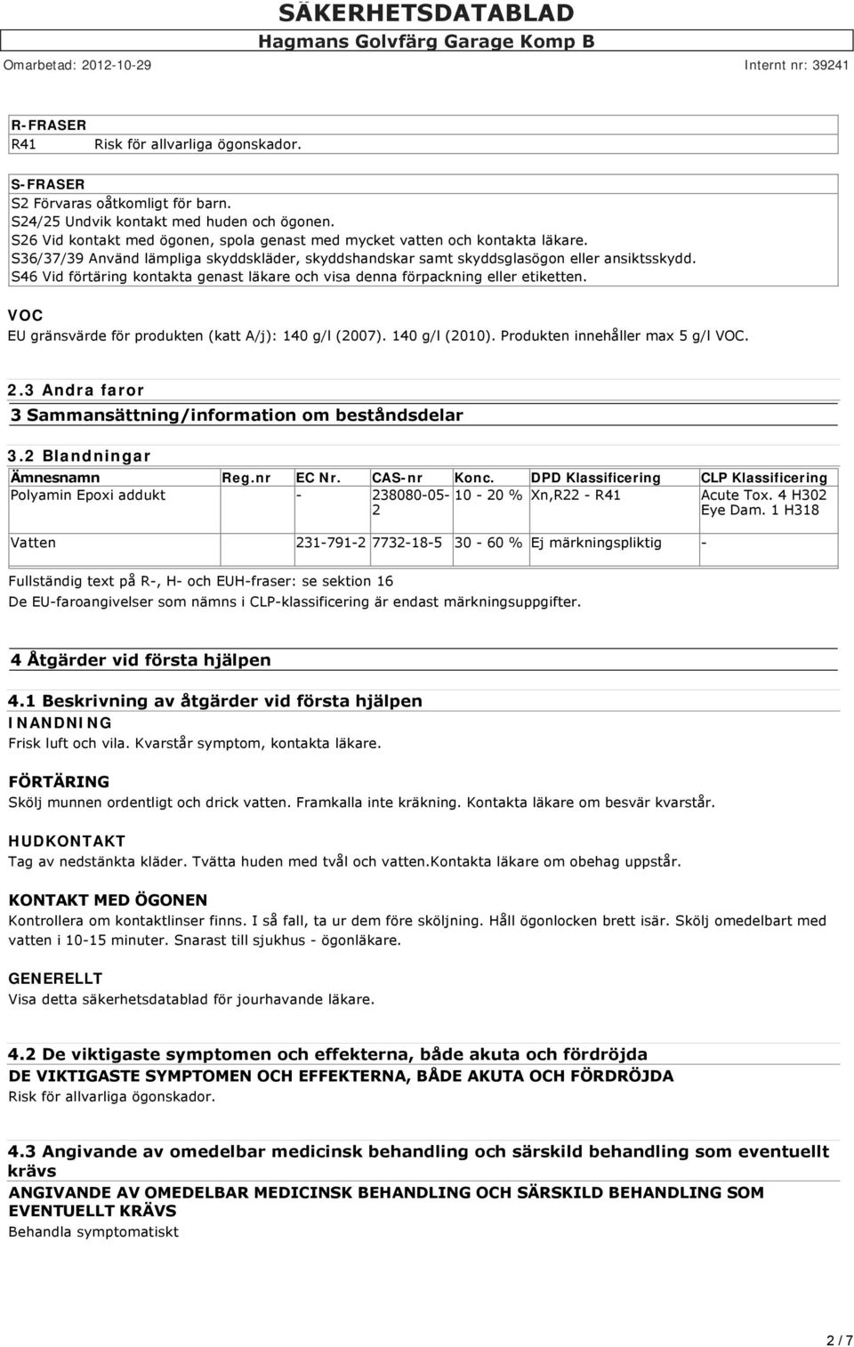 S46 Vid förtäring kontakta genast läkare och visa denna förpackning eller etiketten. VOC EU gränsvärde för produkten (katt A/j): 140 g/l (2007). 140 g/l (2010). Produkten innehåller max 5 g/l VOC. 2.