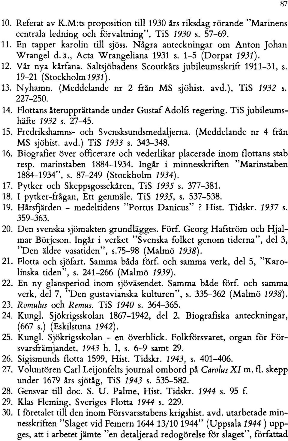 Nyhamn. (Meddelande nr 2 från MS sjöhist. avd.), TiS 1932 s. 227-250. 14. Flottans återupprättande under Gustaf Adolfs regering. TiS jubileumshäfte 1932 s. 27-45. 15.