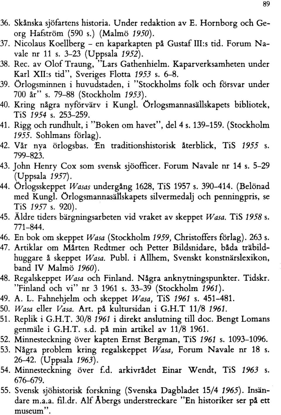 Örlogsminnen i huvudstaden, i "Stockholms folk och försvar under 700 år" s. 79-88 (Stockholm 1953). 40. Kring några nyförvärv i Kungl. Örlogsmannasällskapets bibliotek, TiS 1954 s. 253-259. 41.