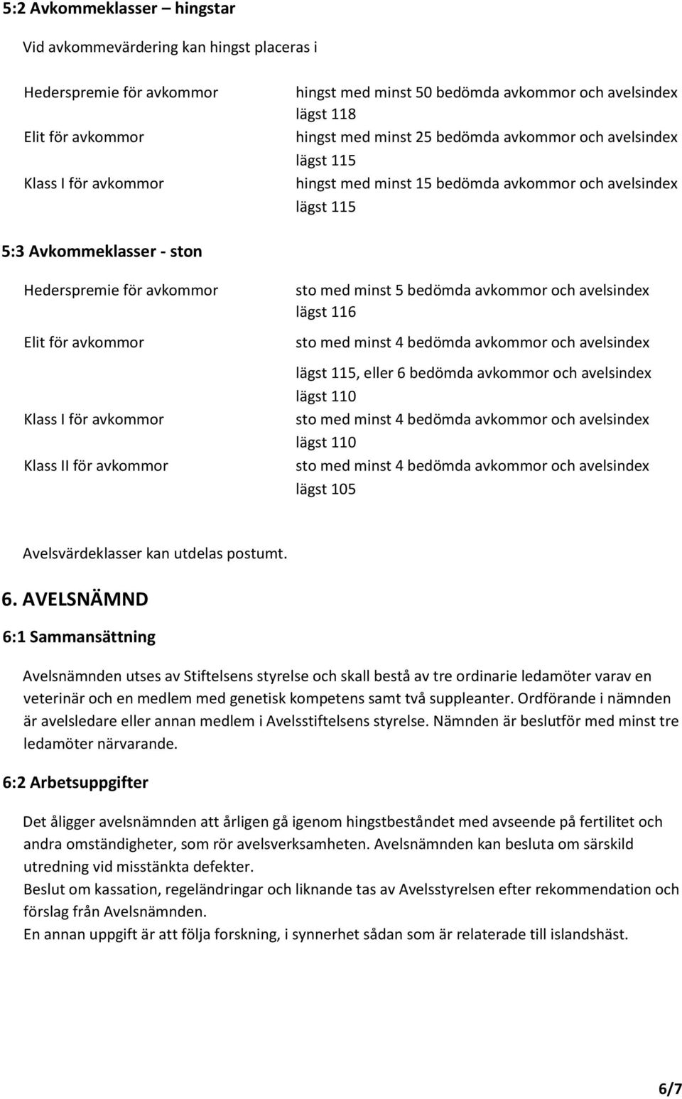 I för avkommor Klass II för avkommor sto med minst 5 bedömda avkommor och avelsindex lägst 116 sto med minst 4 bedömda avkommor och avelsindex lägst 115, eller 6 bedömda avkommor och avelsindex lägst