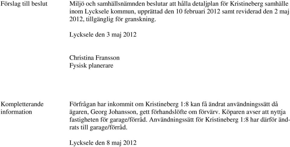 Lycksele den 3 maj 2012 Christina Fransson Fysisk planerare Kompletterande information Förfrågan har inkommit om Kristineberg 1:8 kan få ändrat