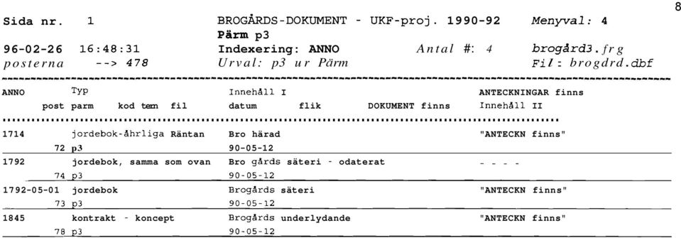 dbf 8 ANNO TYP Inneha11 I ANTECKNINGAR finns post parm kod tern fil datum flik DOKUMENT finns Innehall II.