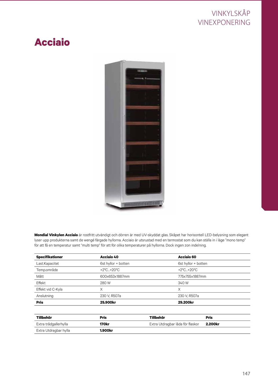 Specifikationer Acciaio 40 Acciaio 60 Last.Kapacitet 6st hyllor + botten 6st hyllor + botten Temp.