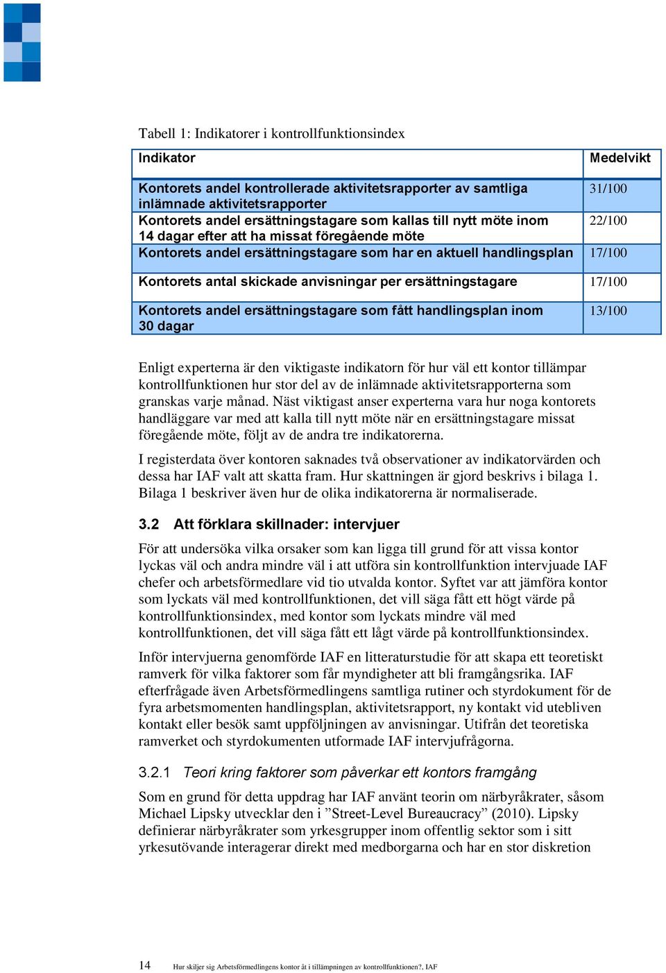 ersättningstagare 17/100 Kontorets andel ersättningstagare som fått handlingsplan inom 30 dagar 13/100 Enligt experterna är den viktigaste indikatorn för hur väl ett kontor tillämpar