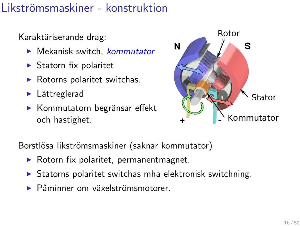 Rotor Stator Kommutator Borstlösa likströmsmaskiner (saknar kommutator) Rotorn fix polaritet,
