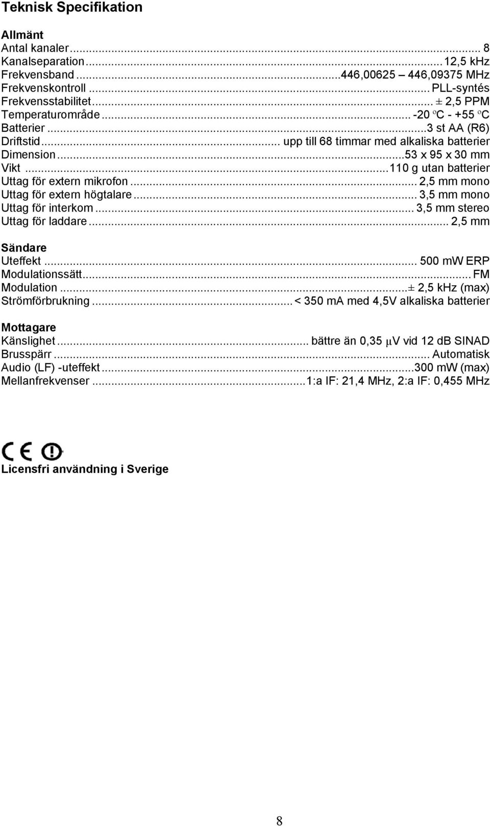 .. 2,5 mm mono Uttag för extern högtalare... 3,5 mm mono Uttag för interkom... 3,5 mm stereo Uttag för laddare... 2,5 mm Sändare Uteffekt... 500 mw ERP Modulationssätt... FM Modulation.