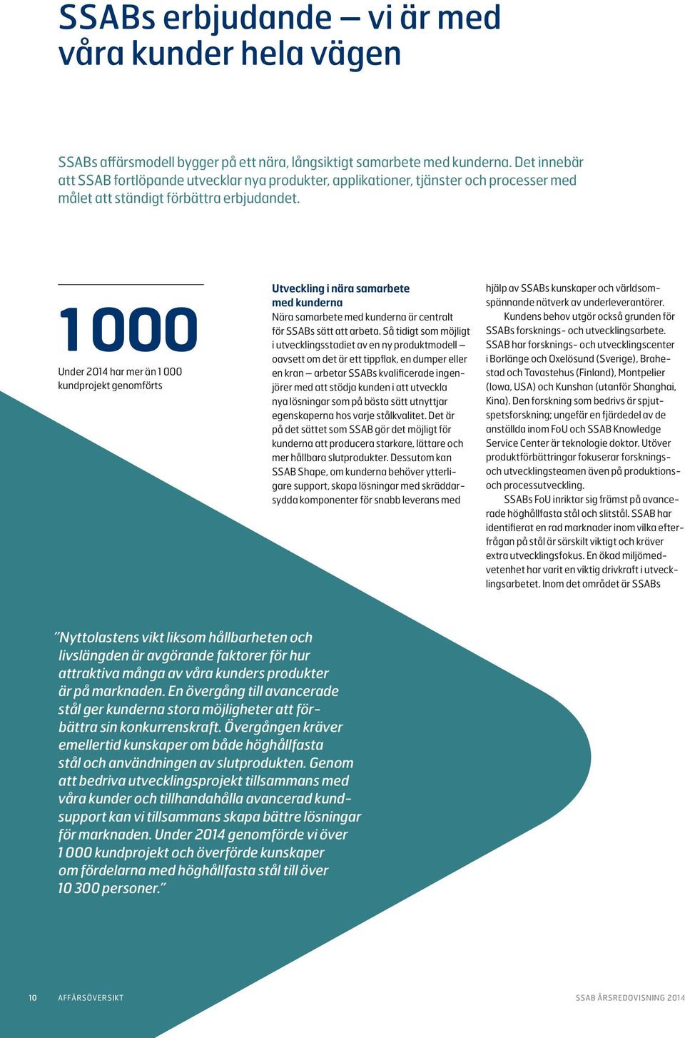 1 000 Under 2014 har mer än 1 000 kundprojekt genomförts Utveckling i nära samarbete med kunderna Nära samarbete med kunderna är centralt för SSABs sätt att arbeta.