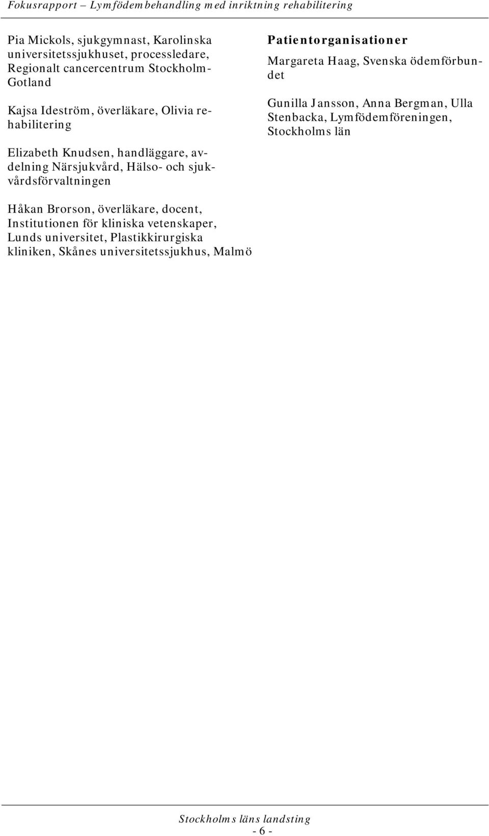Patientorganisationer Margareta Haag, Svenska ödemförbundet Gunilla Jansson, Anna Bergman, Ulla Stenbacka, Lymfödemföreningen, Stockholms