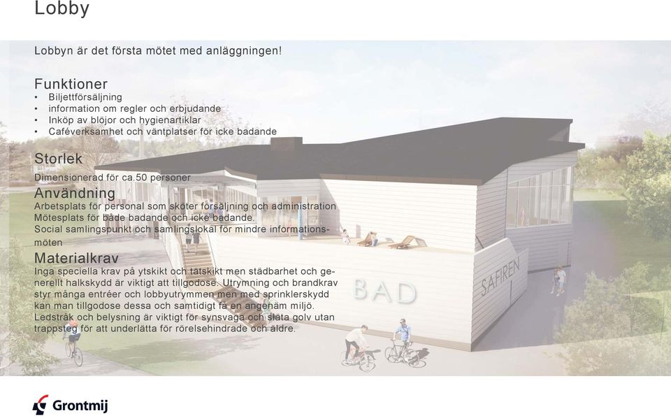 50 personer Användning Arbetsplats för personal som sköter försäljning och administration Mötesplats för både badande och icke badande.
