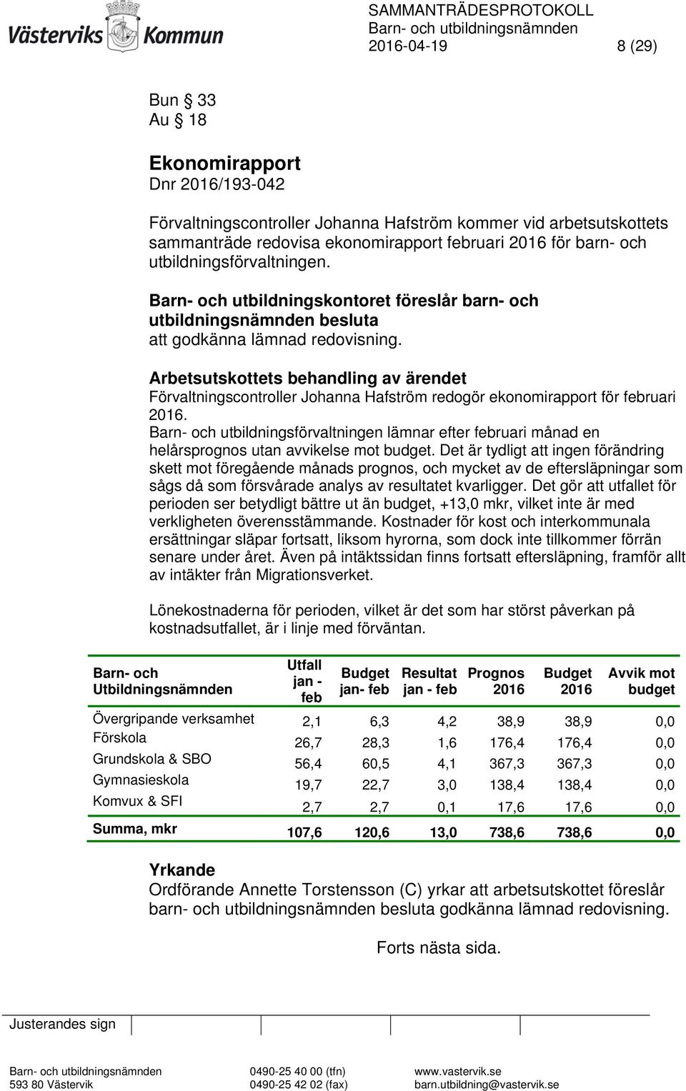 Arbetsutskottets behandling av ärendet Förvaltningscontroller Johanna Hafström redogör ekonomirapport för februari 2016.