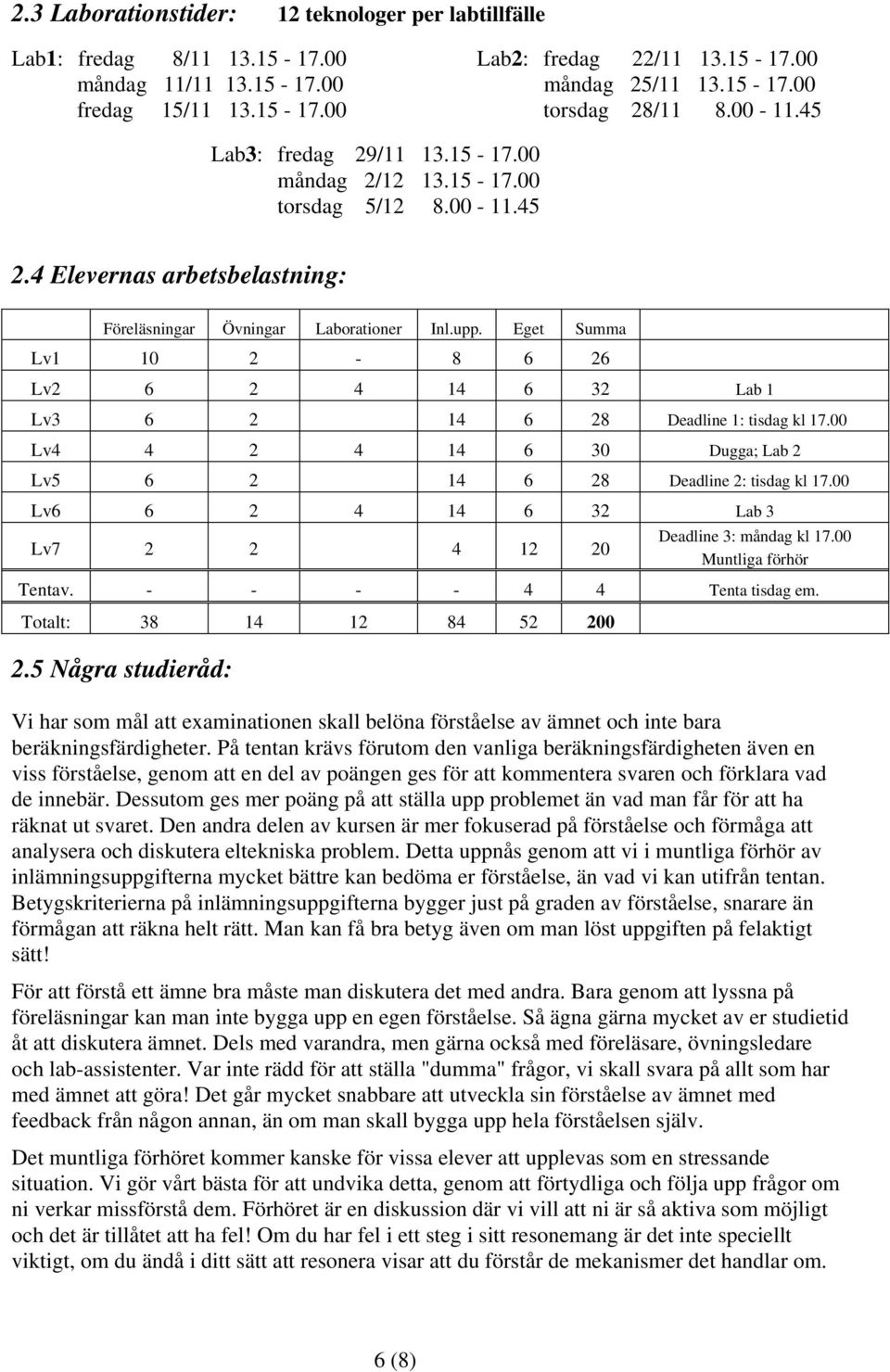 Eget Summa Lv1 10 2-8 6 26 Lv2 6 2 4 14 6 32 Lab 1 Lv3 6 2 14 6 28 Deadline 1: tisdag kl 17.00 Lv4 4 2 4 14 6 30 Dugga; Lab 2 Lv5 6 2 14 6 28 Deadline 2: tisdag kl 17.