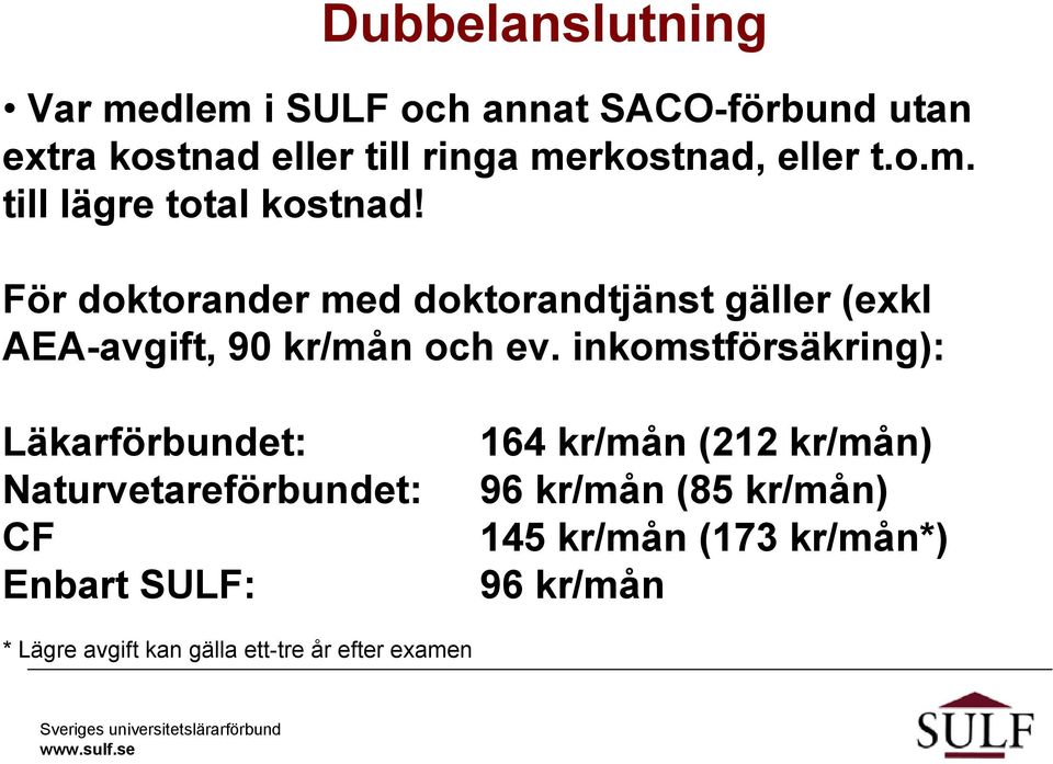 För doktorander med doktorandtjänst gäller (exkl AEA-avgift, 90 kr/mån och ev.