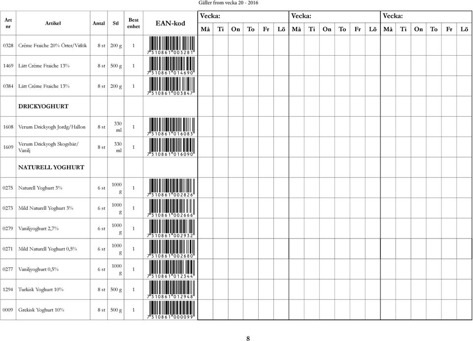 Yoghurt 3% 6 st 000 g *73086002826* 0273 Mild Naturell Yoghurt 3% 6 st 000 g *73086002666* 0279 Vaniljyoghurt 2,7% 6 st 000 g *73086002932* 027 Mild Naturell Yoghurt