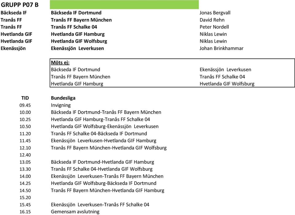 Hvetlanda GIF Hamburg Hvetlanda GIF Wolfsburg TID Bundesliga 10.00 Bäckseda IF Dortmund-Tranås FF Bayern München 10.25 Hvetlanda GIF Hamburg-Tranås FF Schalke 04 10.