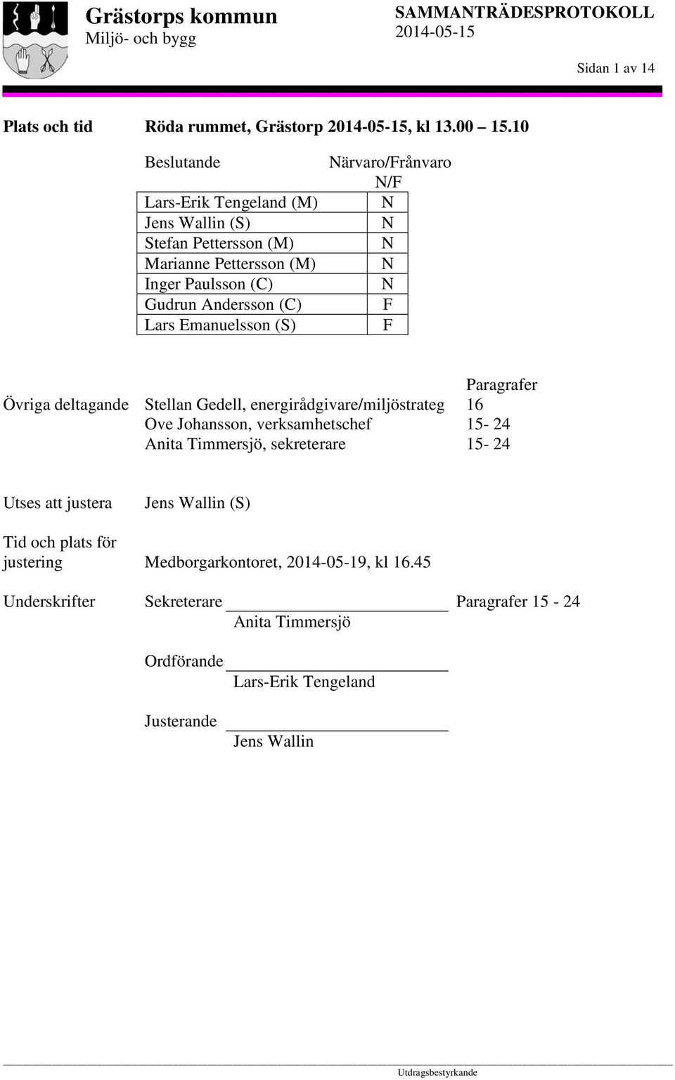 Emanuelsson (S) Närvaro/Frånvaro N/F N N N N N F F Övriga deltagande Stellan Gedell, energirådgivare/miljöstrateg Ove Johansson, verksamhetschef Anita