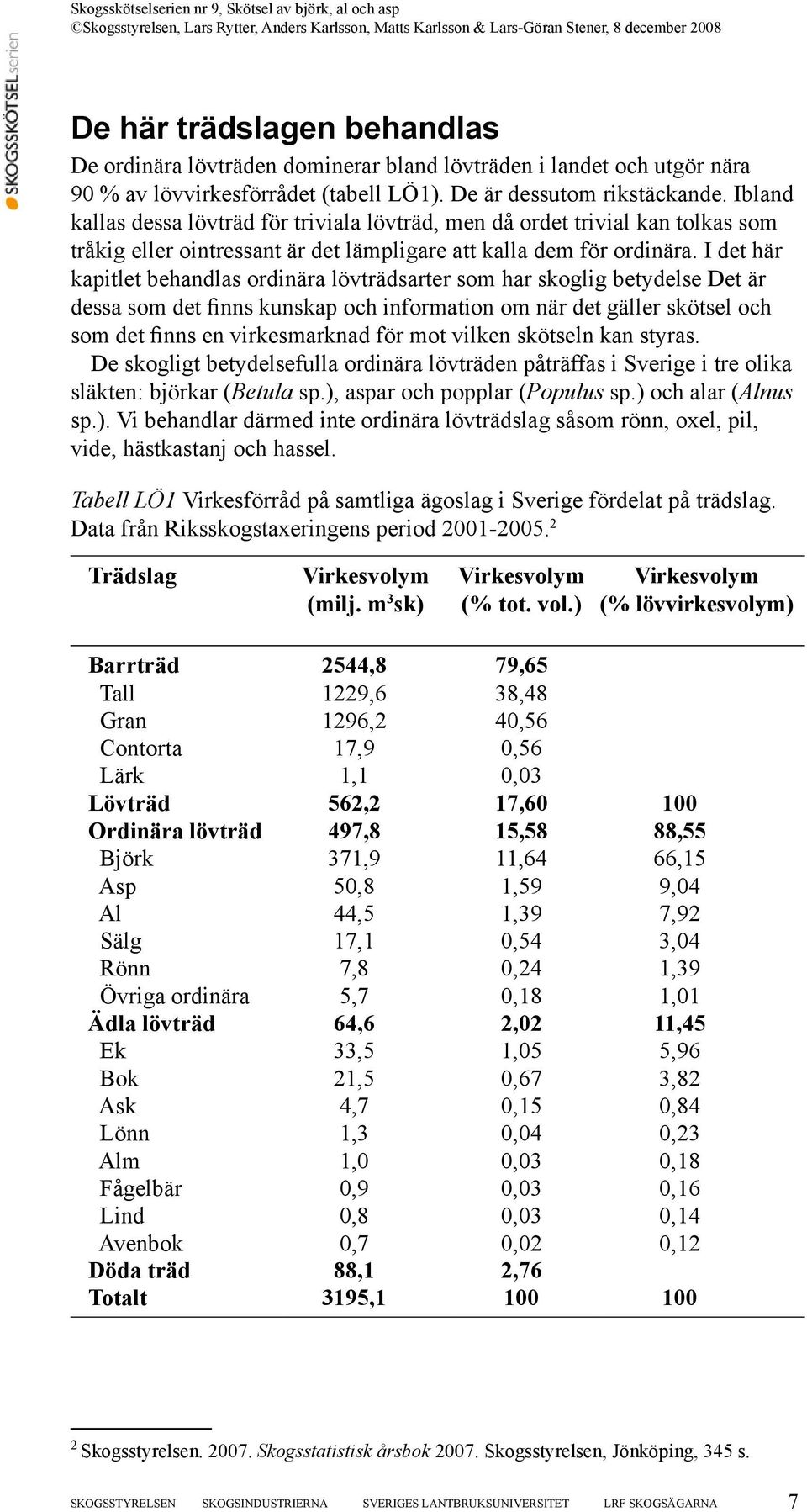 I det här kapitlet behandlas ordinära lövträdsarter som har skoglig betydelse Det är dessa som det finns kunskap och information om när det gäller skötsel och som det finns en virkesmarknad för mot